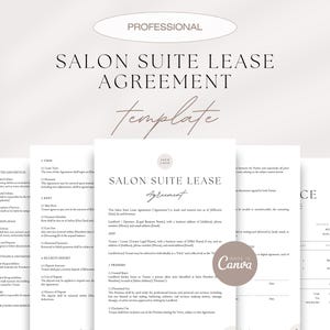 May include: A professional salon suite lease agreement template. The document is printed on white paper with a beige background. The text includes "Salon Suite Lease Agreement" and "Template" in a stylish font. The Canva logo is visible.