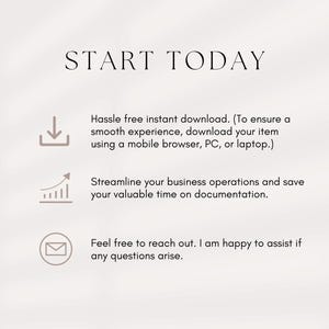 May include: Text graphic with the words "START TODAY" in black text. Below the text are three icons: a download arrow, a graph with an upward arrow, and an envelope. The text below the icons reads: "Hassle free instant download. (To ensure a smooth experience, download your item using a mobile browser, PC, or laptop.) Streamline your business operations and save your valuable time on documentation. Feel free to reach out. I am happy to assist if any questions arise."