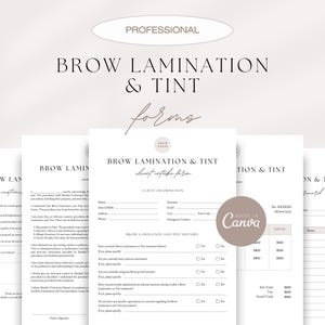 Könnte beinhalten: Eine Reihe weißer Brow Lamination & Tint-Formulare mit minimalistischem Text. Die Formulare enthalten Abschnitte für Kundeninformationen und -verlauf, mit dem Wort "PROFESSIONAL" oben.