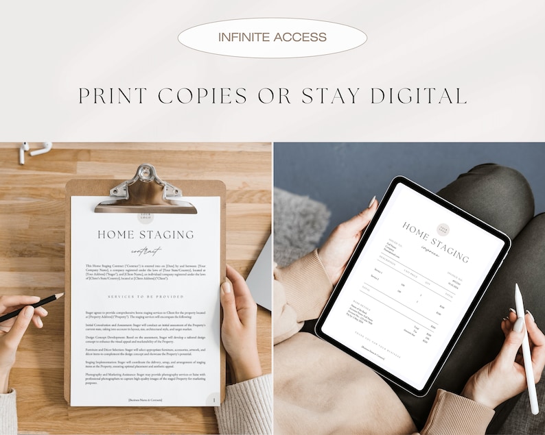 K&ouml;nnte beinhalten: Ein digitaler und gedruckter Home-Staging-Vertrag mit dem Titel "Home Staging Contract" und einer Liste der zu erbringenden Leistungen. Der Vertrag ist auf einem Tablet und einem Clipboard zu sehen.