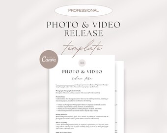Può includere: Un modello professionale di rilascio di foto e video, progettato in Canva, con il testo "PHOTO & VIDEO RELEASE template". Il documento ha un design semplice ed elegante con una palette di colori neutri.