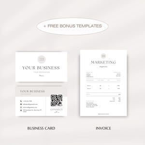 May include: A black and white business card with a logo and contact information. The card also includes a QR code. A white invoice with the text "MARKETING Invoice" at the top. The invoice includes a table with columns for item, quantity, price, and total.