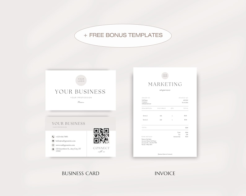 May include: A black and white business card with a logo and contact information. The card also includes a QR code. A white invoice with the text "MARKETING Invoice" at the top. The invoice includes a table with columns for item, quantity, price, and total.