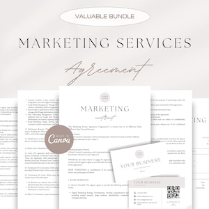 May include: A marketing services agreement contract template with a white background and black text. The document includes sections for terms and termination, confidentiality, and scope of services. The document also includes a business card with a QR code.