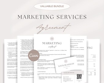 Puede incluir: Una plantilla de contrato de acuerdo de servicios de marketing con fondo blanco y texto negro. El documento incluye secciones para términos y terminación, confidencialidad y alcance de los servicios. El documento también incluye una tarjeta de visita con un código QR.