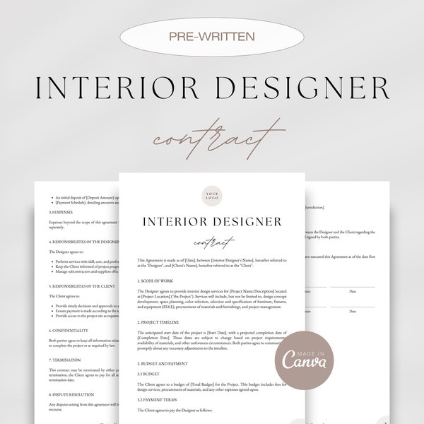 Interior Designer Client Contract, Interior Design Services Agreement, Client-Designer Agreement Template, Interior Decorating Contract