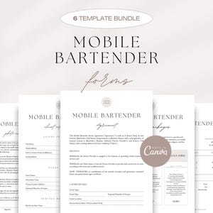 Mobile Bar Contract Bundle, Bartender Service Agreement, Bartending Forms Bundle, Client Intake, Photo Release, Packages, Invoice Template