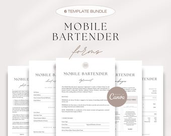 Mobile Bar Contract Bundle, Bartender Service Agreement, Bartending Forms Bundle, Client Intake, Photo Release, Packages, Invoice Template