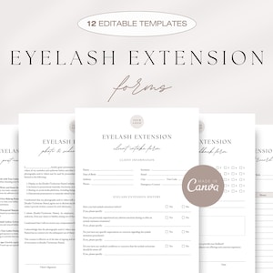 May include: A set of three printable forms for eyelash extension businesses. The forms include a client intake form, a photo and release form, and a lash extension history form. The forms are designed in a minimalist style with a white background and black text.