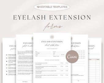 May include: A set of three printable forms for eyelash extension businesses. The forms include a client intake form, a photo and release form, and a lash extension history form. The forms are designed in a minimalist style with a white background and black text.