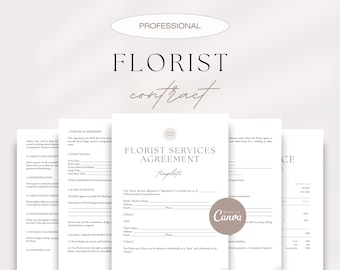 May include: A professional florist contract template with the words "FLORIST contract" in a stylish font. The template includes a "Florist Services Agreement" and other documents, all in a neutral color palette.
