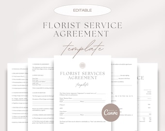 May include: A stack of white paper documents with the text "FLORIST SERVICE AGREEMENT" and "template" in a minimalist design. The documents have a neutral color palette with a soft, blurred background.