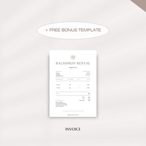 May include: A black and white invoice template for backdrop rentals. The template includes a logo, invoice number, date, and a table for listing items and prices. The text "Backdrop Rental Invoice" is at the top of the template.