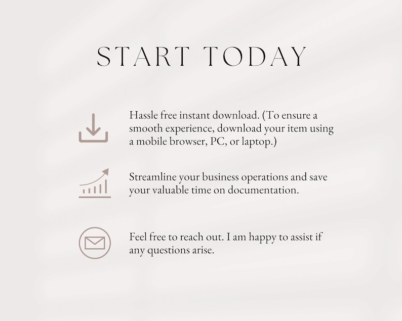 K&ouml;nnte beinhalten: Eine Grafik mit dem Text "START TODAY" und drei Symbolen. Das erste Symbol ist ein Download-Pfeil, das zweite ist ein Diagramm mit einem nach oben zeigenden Pfeil und das dritte ist ein Umschlag. Der Text unter den Symbolen beschreibt die Vorteile des Herunterladens und der Verwendung des Produkts.