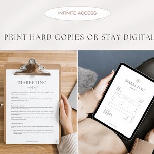 May include: A black and white marketing contract document with the title "Marketing Contract" printed on the top. The document is on a clipboard and is being held by a person's hands. The document is on a wooden surface.