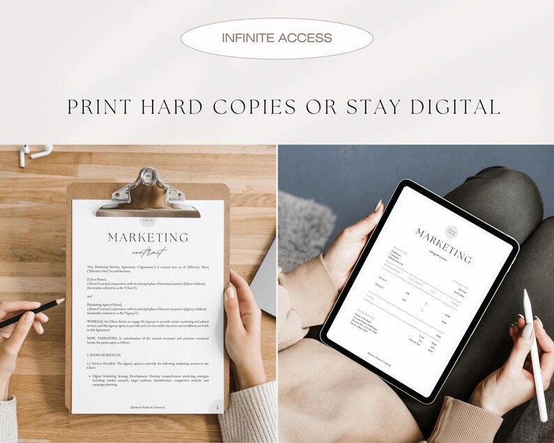 May include: A black and white marketing contract document with the title "Marketing Contract" printed on the top. The document is on a clipboard and is being held by a person's hands. The document is on a wooden surface.