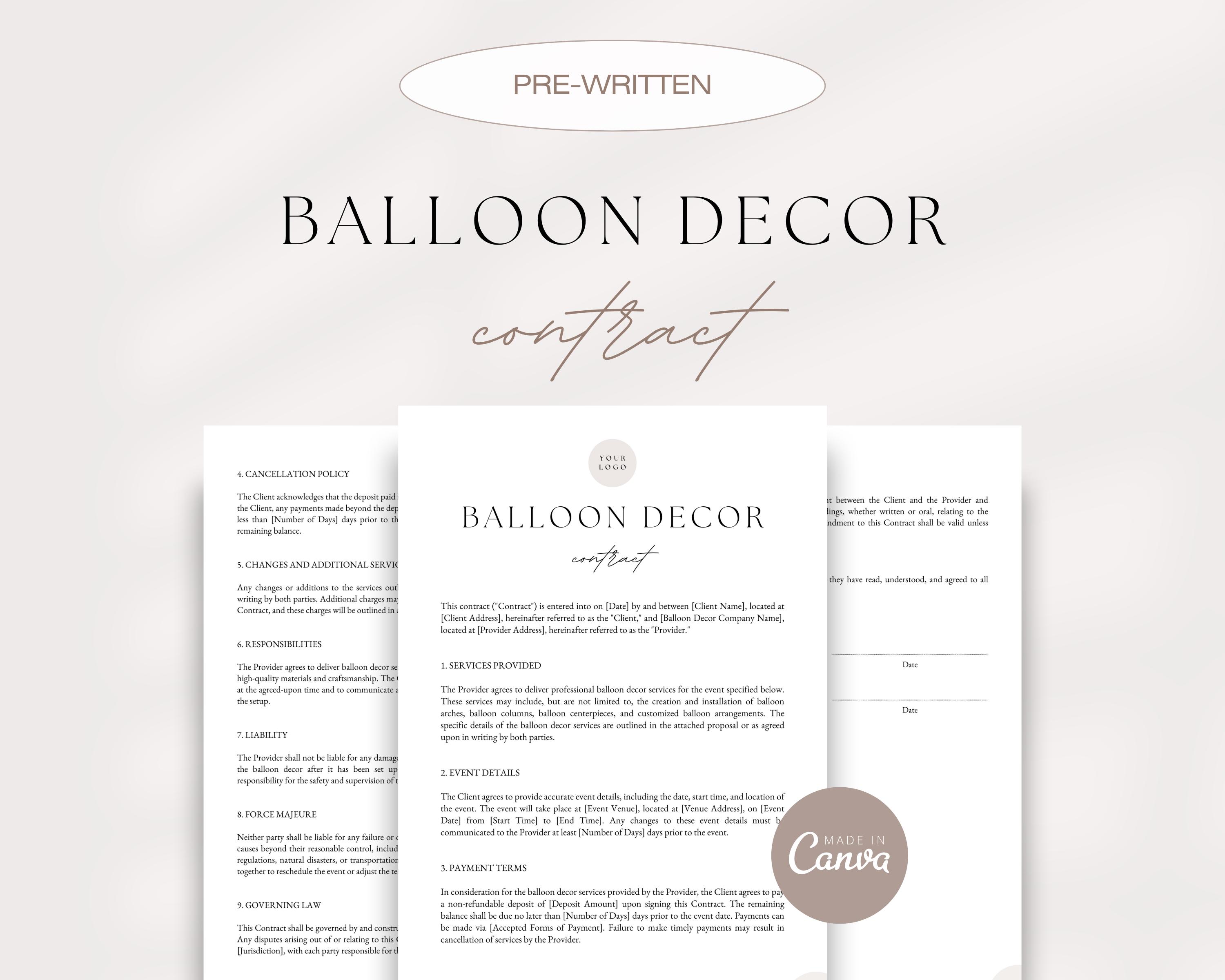 Editable Balloon Decor Contract, Balloon Contract Template, Balloon ...