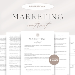 May include: A professional marketing contract template in a minimalist style with a pink and white colour scheme. The document includes sections for terms and conditions, confidentiality, and scope of services. The text "Made in Canva" is visible in the lower right corner.