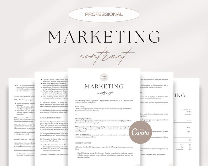 May include: A professional marketing contract template in a minimalist style with a pink and white colour scheme. The document includes sections for terms and conditions, confidentiality, and scope of services. The text "Made in Canva" is visible in the lower right corner.