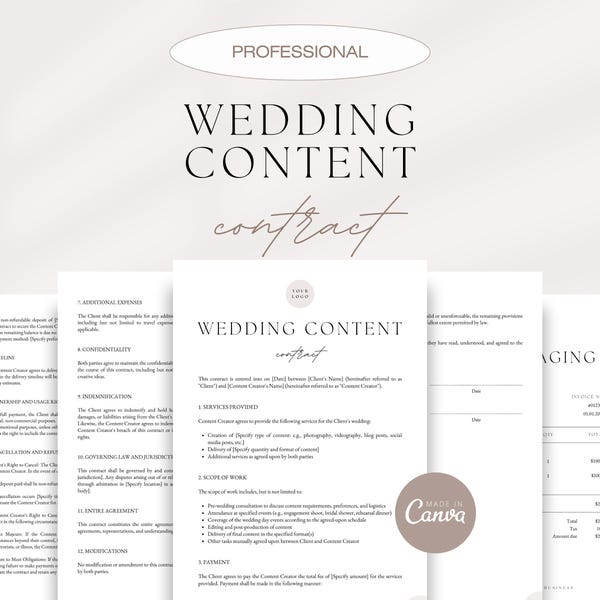 Wedding Content Contract, Professional Wedding Content Agreement, Wedding Content Creator Business Forms, Editable Wedding Media Contract
