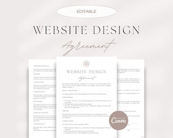 May include: Editable website design agreement template with a brown and white color scheme. The document includes sections for ownership and rights, revisions, cancellation, communication, scope of work, timeline, payment terms, and confidentiality.