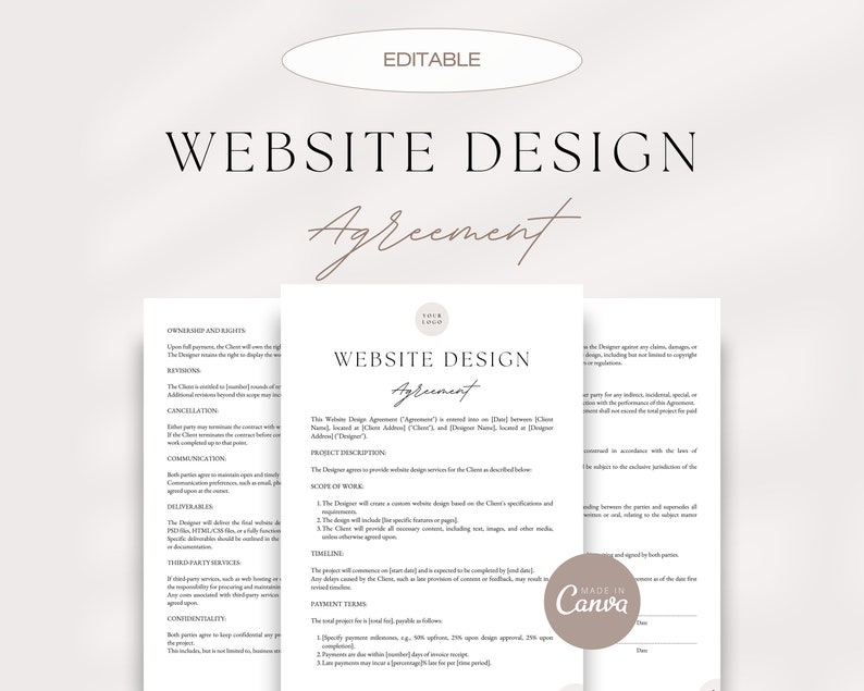 May include: Editable website design agreement template with a brown and white color scheme. The document includes sections for ownership and rights, revisions, cancellation, communication, scope of work, timeline, payment terms, and confidentiality.