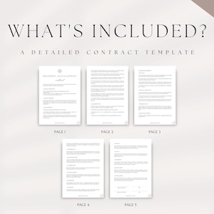 May include: A five-page property management contract template in black and white text on a white background. The pages are labeled "Page 1" through "Page 5".
