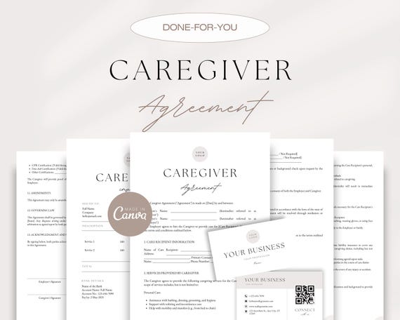 Adult Caregiver Contract, Caregiver Employment Contract, Caregiving Agreement, Personal Care Agreement, Invoice Template, Business Card