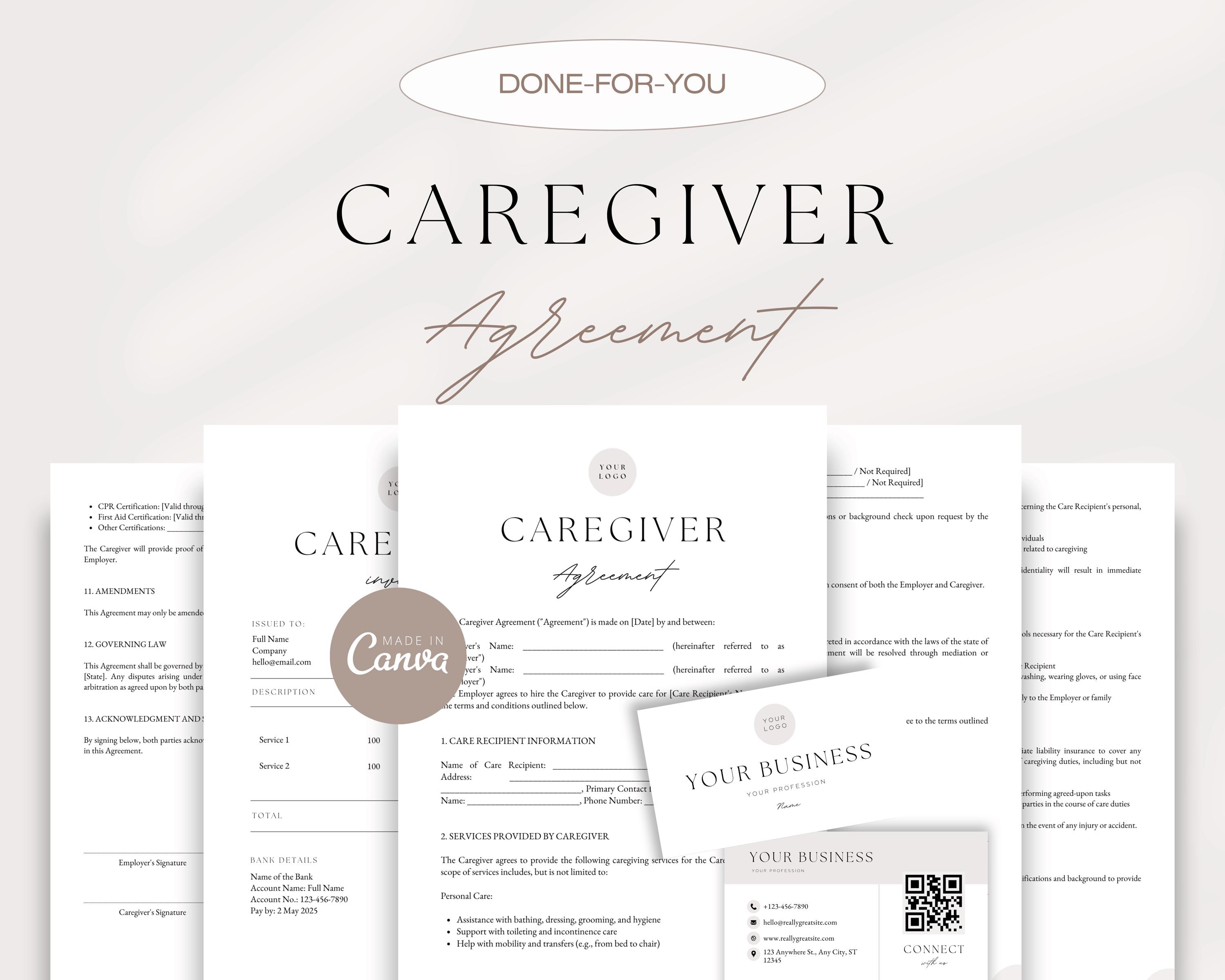 Adult Caregiver Contract, Caregiver Employment Contract, Caregiving Agreement, Personal Care Agreement, Invoice Template, Business Card