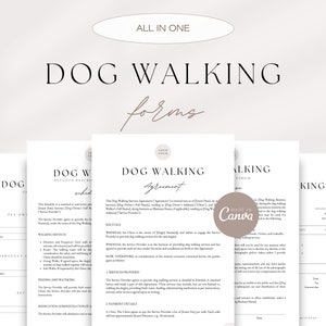 以下が含まれることがあります： 犬の散歩のための印刷可能なフォーム3枚セット。フォームには、クライアント契約、サービスの詳細な説明、請求書が含まれています。フォームは、茶色と白のカラーパレットでミニマルなスタイルでデザインされています。
