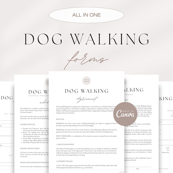 Dog Walking Contract Bundle, Editable Dog Walking Agreement Template, Pet Sitting Forms, Photo & Video Release, Client Intake Form, Invoice