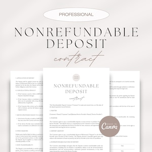 Puede incluir: Una plantilla de contrato de depósito no reembolsable profesional con un diseño minimalista. El contrato incluye secciones para la aplicación del depósito, problemas de cancelación, el derecho del proveedor de servicios a cancelar, fuerza mayor, no transferibilidad y la naturaleza no reembolsable del depósito.