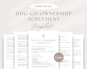 May include: A printable template for a dog co-ownership agreement. The document includes sections for identifying the dog, outlining responsibilities, and addressing potential disputes. The template is designed to be used by two individuals who are sharing ownership of a dog.