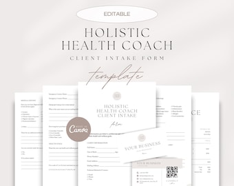 Op de afbeelding: Een verzameling afdrukbare sjablonen voor een Holistic Health Coach, waaronder een klantintakeformulier, een visitekaartje en andere gerelateerde documenten. Het ontwerp is minimalistisch met een neutraal kleurenpalet en de tekst "HOLISTIC HEALTH COACH CLIENT INTAKE FORM" is zichtbaar.