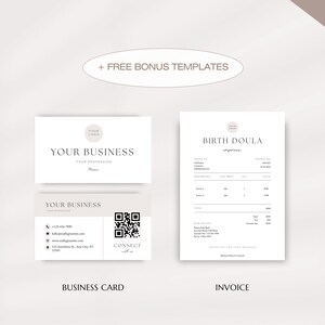 Puede incluir: Una plantilla de tarjeta de visita minimalista con fondo blanco y un c&iacute;rculo gris para un logotipo. La tarjeta incluye el texto "YOUR BUSINESS", "YOUR PROFESSION" y un c&oacute;digo QR. La parte posterior de la tarjeta incluye informaci&oacute;n de contacto y el texto "CONNECT". Tambi&eacute;n se incluye una plantilla de factura a juego con fondo blanco y el texto "BIRTH DOULA". La plantilla de factura incluye una tabla para la facturaci&oacute;n detallada.