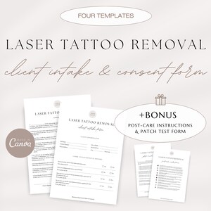 Laser Tattoo Removal Client Intake and Consent Form, Tattoo Removal Aftercare, Tattoo Removal Photo Release Form, Editable Canva Templates