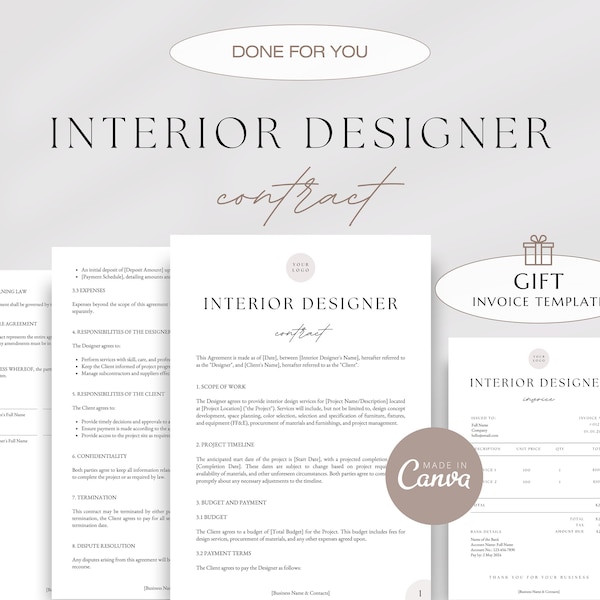 Interior Designer Client Contract, Interior Design Services Agreement, Client-Designer Agreement Template, Interior Decorating Contract