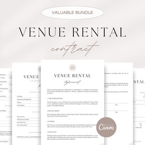 Puede incluir: Una plantilla de contrato de alquiler de local imprimible en un estilo minimalista con un fondo beige claro. El texto "Venue Rental Agreement" está en una fuente grande y en negrita. El documento incluye secciones para la descripción del local, el período de alquiler, el propósito y la tarifa de alquiler.