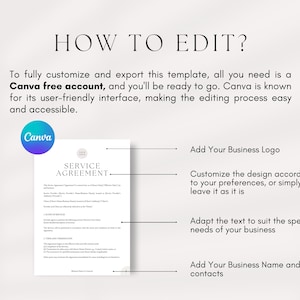 Peut inclure: Un guide sur la fa&ccedil;on de modifier un mod&egrave;le de contrat de service &agrave; l'aide de Canva. Le guide comprend des instructions sur la fa&ccedil;on d'ajouter un logo d'entreprise, de personnaliser la conception, d'adapter le texte et d'ajouter le nom et les coordonn&eacute;es de l'entreprise.