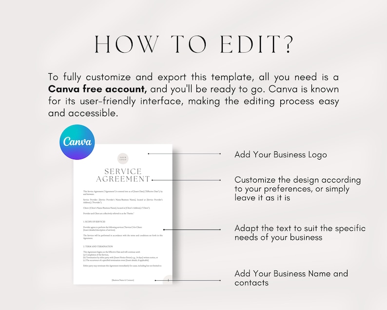 Peut inclure: Un guide sur la fa&ccedil;on de modifier un mod&egrave;le de contrat de service &agrave; l'aide de Canva. Le guide comprend des instructions sur la fa&ccedil;on d'ajouter un logo d'entreprise, de personnaliser la conception, d'adapter le texte et d'ajouter le nom et les coordonn&eacute;es de l'entreprise.