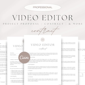 Könnte beinhalten: Eine professionelle Videobearbeitungs-Vertragsvorlage mit beigefarbenem Hintergrund. Der Text "VIDEO EDITOR CONTRACT" ist in großer, fetter Schrift dargestellt. Der Vertrag enthält Abschnitte für "TIMING", "PRICING", "CLIENT RESPONSIBILITIES", "PROJECT OVERVIEW", "SCOPE OF WORK", "DELIVERABLES", "PAYMENT", "REVISIONS" und "TERMINATION".
