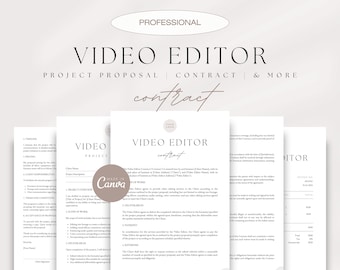 Professional Video Editor Contract, Video Editing Project Proposal, Invoice, Business Card, Videographer Client Forms, Editable in Canva