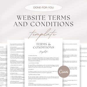 Può includere: Un modello di termini e condizioni del sito web con il testo "DONE-FOR-YOU" in un rettangolo marrone chiaro nella parte superiore della pagina. Il testo "WEBSITE TERMS AND CONDITIONS" è in un carattere di dimensioni maggiori ed è centrato sulla pagina. Il testo "template" è in un carattere di dimensioni minori ed è centrato sotto il testo più grande. Il testo "TERMS & CONDITIONS" è in un carattere di dimensioni maggiori ed è centrato sulla pagina. Il testo "template" è in un carattere di dimensioni minori ed è centrato sotto il testo più grande. Il testo "Last Updated Date" è in un carattere di dimensioni minori ed è centrato sotto il testo più grande. Il testo "Welcome to [Insert Website Name] ('Website'). These terms and conditions ('Terms') govern your use of the Website, including all pages within the Website. If you are accessing or using the Website, you do accept and agree to be bound by these Terms. You agree with the meaning of the Terms and do not dispute this page in its entirety. You agree to be bound by these Terms as well as our Privacy Policy. Your continued use of the Website, plus any modifications to them, constitutes your acceptance of such changes."