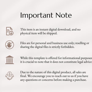 May include: Important Note: This item is a digital download, not a physical product. Files are for personal and business use only, reselling or sharing is forbidden. This template is for informational purposes only and does not constitute legal advice. All sales are final.