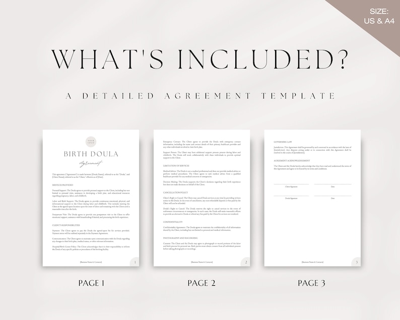 Puede incluir: Una plantilla de contrato de tres p&aacute;ginas para una doula de parto. El documento incluye secciones para la informaci&oacute;n del cliente, los servicios prestados, la compensaci&oacute;n, la confidencialidad y la informaci&oacute;n legal. El documento se titula "Contrato de Doula de Parto".