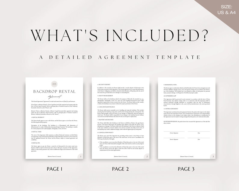 May include: A three-page document titled "What's Included? A Detailed Agreement Template" for backdrop rentals. The document includes sections for backdrop rental, security deposit, and the rental agreement.