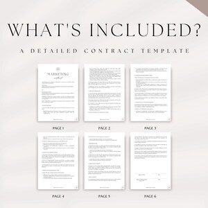 May include: A six-page marketing contract template in US letter and A4 sizes. The template includes the text "WHAT'S INCLUDED?" and "A DETAILED CONTRACT TEMPLATE". The first page has the title "MARKETING" and the remaining pages are numbered 1 through 6.