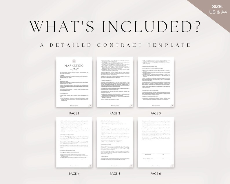 May include: A six-page marketing contract template in US letter and A4 sizes. The template includes the text "WHAT'S INCLUDED?" and "A DETAILED CONTRACT TEMPLATE". The first page has the title "MARKETING" and the remaining pages are numbered 1 through 6.