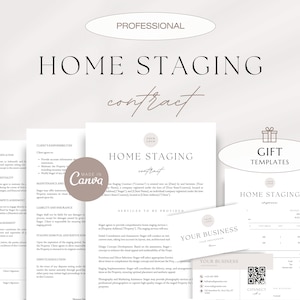 May include: A set of printable home staging contract templates in a minimalist style with a brown and white color scheme. The templates include a contract, invoice, and business card. The text "HOME STAGING" is featured prominently on the contract and invoice templates.
