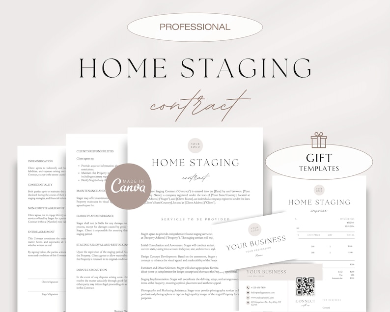 K&ouml;nnte beinhalten: Ein Satz druckbarer Vorlagen f&uuml;r Home-Staging-Vertr&auml;ge im minimalistischen Stil mit einem braunen und wei&szlig;en Farbschema. Die Vorlagen umfassen einen Vertrag, eine Rechnung und eine Visitenkarte. Der Text "HOME STAGING" ist auf den Vertrags- und Rechnungsvorlagen prominent dargestellt.